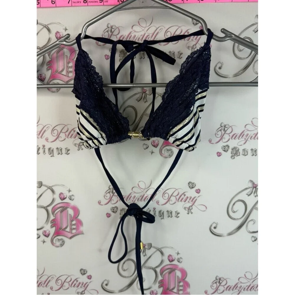 Bikini top shiny Striped Navy Lace Triangle Bikini Top with Gold Accent